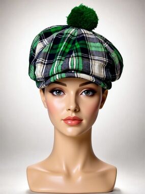 Guinness NWT Branded Green Plaid Pom Pom Newsboy/Golf Cap, OS, Unisex